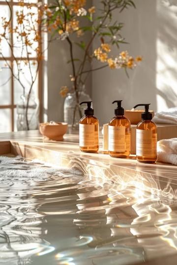 Premium Photo | Row of Soap Bottles on Bath Tub Generative AI Bath Products Photography, Bath Product Photography, Bath Tub Photography, Bathroom Display, Bath Tube, Soap Photography, Bath Aesthetic, Intention Candles, Bath Salt