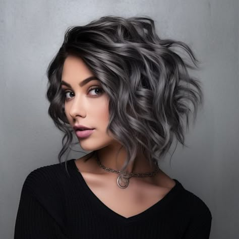 Medium Grey Haircuts, Dark Brown Hair With Highlights To Cover Gray, Grayish Hair Color, Black To Grey Ombre Hair Short, Hair Color With Gray Highlights, Blending Greys Into Black Hair, Gray Roots Blending Black Hair, Gray Blending Hair Dark Brown Curly, New Hair Colors For 2024