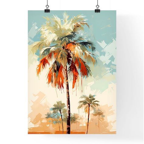 Palm Tree Paintings, Fern Art, Beach Wall Murals, Beach Scene Painting, Bathroom Mural, Palm Tattoos, Tropical Painting, Bright Blue Sky, Picture Tree