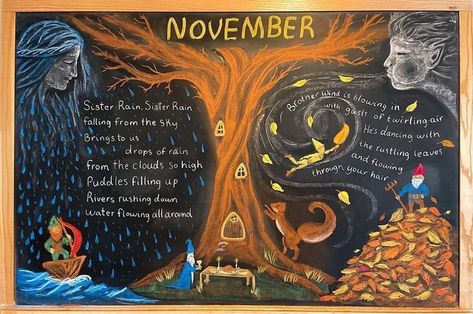 Steiner Classroom, November Chalkboard Art, Homeschool Room Decor, Waldorf Math, Blackboard Drawing, Halloween Chalkboard, Chalkboard Drawings, All Souls Day, Nature School