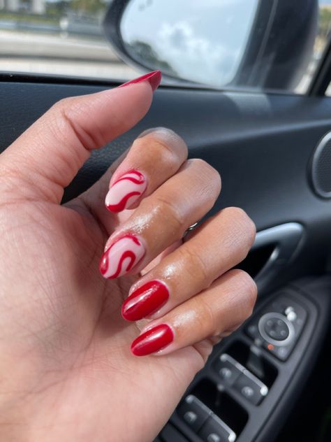 Red Swirl Nails Acrylic, Red Nails With Swirls, Red Swirl Nail Designs, Red Swirly Nails, Red And White Swirl Nails, Red Swirl Nails, Hoco Nails, Prom 2023, Red Wave