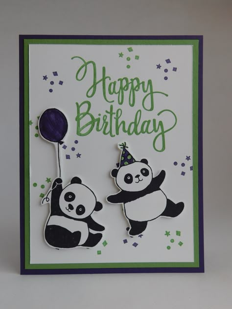 Party Pandas, Stylized Birthday (colors are: Elegant Eggplant & Wild Wasabi) Stampin Up Party Panda Birthday Cards, Birthday Card Ideas Panda, Stampin Up Panda Cards, Stampin Up Party Pandas, Party Pandas Stampin Up Cards, Stampin Up Birthday Cards For Kids, Birthday Colors, Panda Birthday Cards, Drawing Birthday