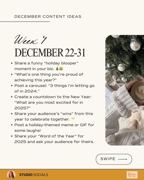 Stuck on what to post this December? 🎄 Don’t worry, I’ve got you! Swipe to find some creative content ideas to keep your small biz, brand, or services shining all month long. From cozy holiday vibes to reflecting on your year, you’ll have your audience hooked—and loving every post. Save this for when you need inspo, and let me know which idea you’re trying first! ✨ 🚨 PS: Don’t miss our Black Friday Sale! Get 50% off the Studio Socials Club annual plan OR 50% off any course + 12 months of... New Year Content Ideas Instagram, December Marketing Ideas, December Social Media Posts, New Year Content Ideas, December Content Ideas, Content Ideas Instagram, Creative Content Ideas, Branding Company, Christmas Week