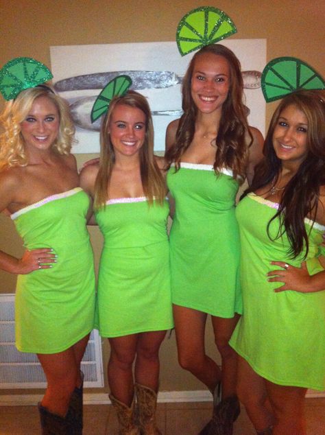 Margarita costumes!! SOOO cute!!! Lime Costume Diy, Margarita Costume, Tequila Costume, Lime Costume, Sorority Halloween Costumes, Concert Accessories, Costumes For Teenage Girl, Easy College Halloween Costumes, College Halloween Party