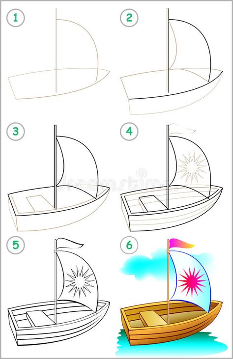 Page shows how to learn step by step to draw a boat. royalty free illustration Step By Step Sketches, Drawing Rocks, Boat Vector, How To Draw Steps, Messy Art, Color Drawing Art, Drawing Activities, Art Drawings For Kids, Drawing Practice