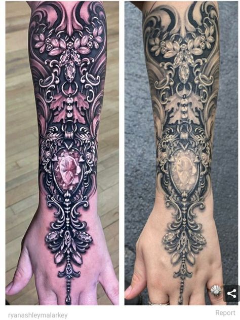 Ryan Ashley Tattoo, Wrist Hand Tattoo, Lace Sleeve Tattoos, Tattoo Fixes, Amazing 3d Tattoos, Cuff Tattoo, Gem Tattoo, Create A Tattoo, Jewel Tattoo