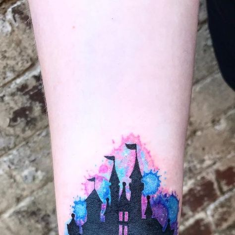 Clairy Floofs Tattoo on Instagram: "Disney castle cover up for the lovely Cheryl 🌈 Swipe for the before #disney #disneytattoos #disneytattoo #watercolourtattoo #illustrativetattoo #disneycastletattoo #girlytattoos #coverup #coveruptattoo #juniortattooartist #uktattoo #uktattoo #coalville #leicester #leicestertattoo #leicestershire #eastmidlands #eastmidlandstattoo #loughborough #ashbydelazouch" Disney Castle Watercolor Tattoo, Disney Tattoo Cover Up Ideas, Disney Cover Up Tattoos, Disney Castle Tattoo, Castle Tattoo, Tattoo Cover-up, Girly Tattoos, Cover Up Tattoo, Disney Castle