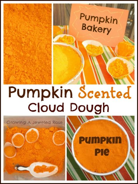 Pumpkin scented cloud dough that smells just like pumpkin pie! Great Autumn sensory play and for making lots of imaginative pumpkin treats! Cloud Dough Recipes, Pumpkin Unit, Cloud Dough, Pumpkin Scent, Preschool Fall, Pumpkin Recipe, Halloween Preschool, Sensory Ideas, Fall Preschool