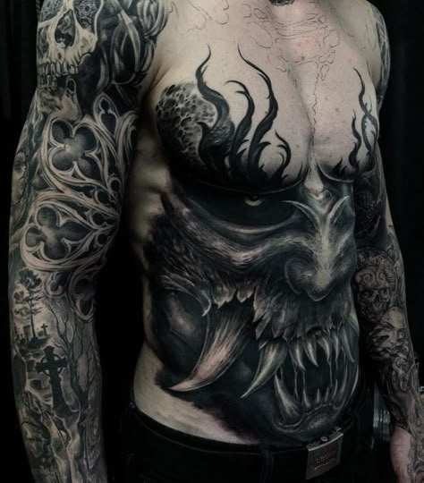 Dark Tattoo Ideas For Men, Boogeyman Tattoo, Dark Chest Tattoo, Dark Tatoos, Full Back Tattoos For Men, Unique Back Tattoos, Dark Tattoos For Men, Chest Tattoo Men Ideas, Full Chest Tattoos