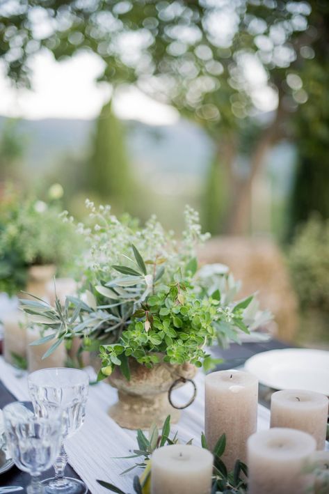 Wedding inspiration in earthy tones set amidst Tuscan olive groves | Tuscany Wedding Inspiration | Gallery | Item 34 Mini Olive Trees Wedding, Mediterranean Wedding Bouquet, Mediterranean Wedding Flowers, Simple Elegant Wedding Decor, Tuscany Wedding Decor, Herbal Wedding, Vines Decor, Italian Themed Wedding, Tuscany Wedding Theme