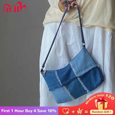 Ethno Style, Armpit Bag, Denim Handbags, Small Shoulder Bags, Denim Shoulder Bags, Denim Bags, Denim Patches, Patchwork Bags, Jeans Bag