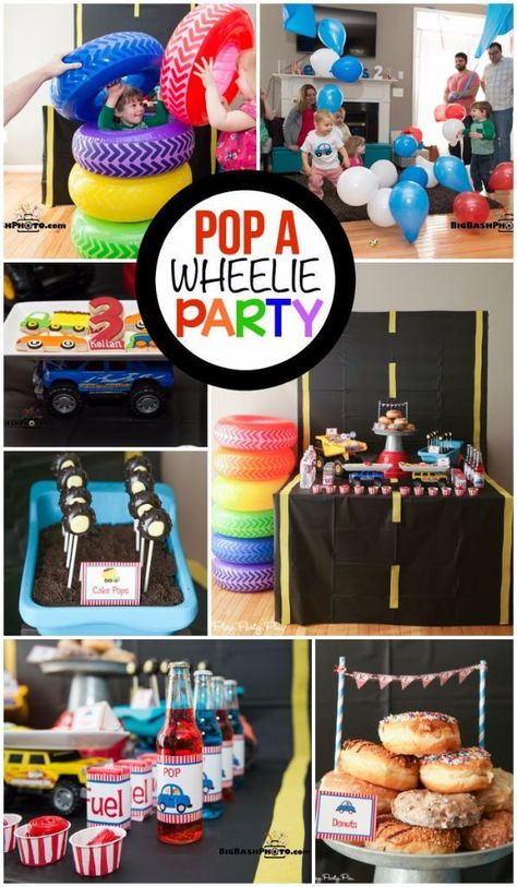 This pop-a-wheelie party is one of the cutest boy birthday party themes I've seen, love the combination of things that go party with things that pop! Things That Go Birthday Party, Boy Birthday Party Ideas, Nascar Party, Auto Party, Transportation Birthday Party, Transportation Birthday, Hot Wheels Birthday, Race Car Birthday Party, Boy Birthday Party Themes