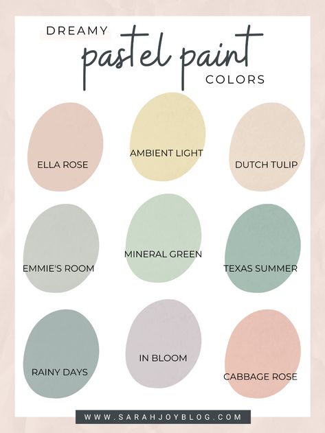 Room Color Ideas Pastel, Nice Wall Colors, Pastel Color Home Decor, Bedroom With Pastel Colors, Light And Airy Paint Palette, Pastel Colours Wall Paint, Aesthetic Home Paint, Muted Pastel Nursery, Aesthetic Colours To Paint Your Room