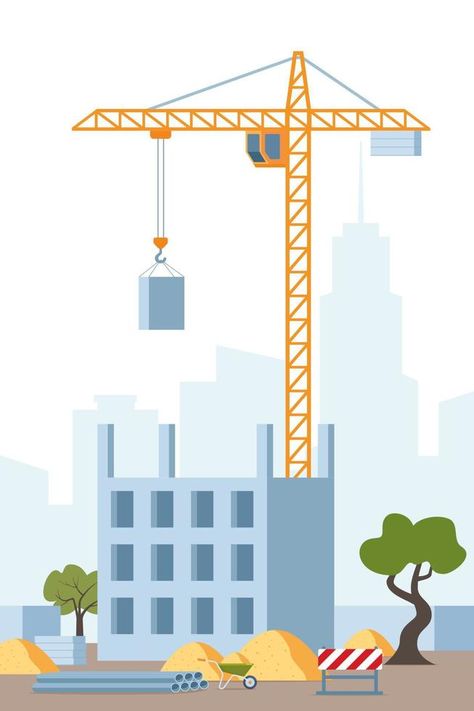 Building work process with houses and tower crane. City landscape on background. Vector illustration. Construction Crane Illustration, Building Illustration Vector, Lego Bulletin Board, Crane Illustration, Construction Illustration, Construction Background, Construction Drawing, Cartoon Building, Tower Crane