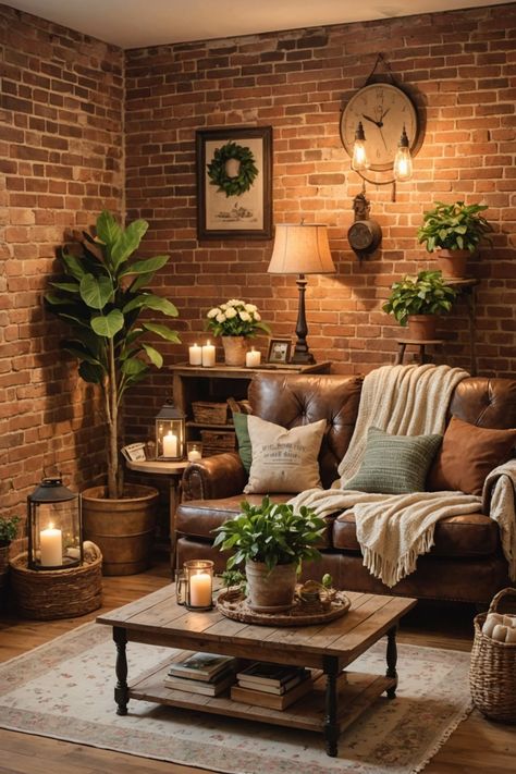 Country Cottage Sitting Room, Cozy Leather Living Room, Country Style Lounge Room, Country Snug Room Ideas, Country Inspired Living Room, Woodland Cottage Interior, Rustic Living Room With Fireplace, Cozy Country Living Room, Rustic Country Living Room