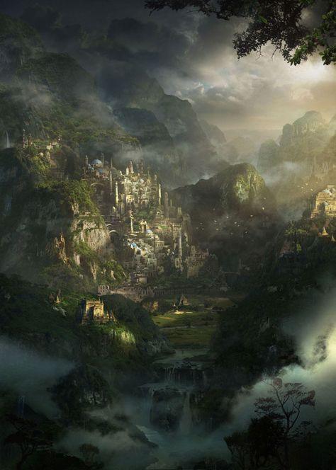 terraquia 1 City In The Mountains, Heroic Fantasy, Forest City, 다크 판타지, Fantasy City, Fantasy Setting, Fantasy Places, Matte Painting, Fantasy Concept Art