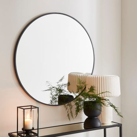 Brushed Metal Effect Round Mirror 80cm | Dunelm Hallway Mirror Wall, Large Bathroom Mirrors, Hall Mirrors, Hallway Mirror, Black Wall Mirror, Mirror Wall Living Room, Console Table Hallway, Living Room Mirrors, Modern Mirror