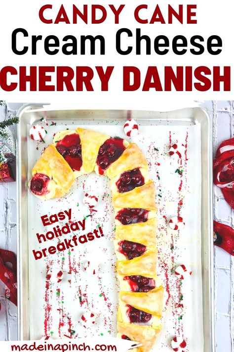 Candy Cane Cream Cheese Cherry Danish is the perfect festive dessert (or easy breakfast/brunch recipe) for your holiday season. Crescent rolls, cream cheese filling, and cherry pie filling transform into a fun candy cane-shaped danish that tastes delicious and looks beautiful for your Christmas festivities! #candycanedanish #christmasrecipes #christmasbreakfast #crescentrollrecipes Pillsbury Cherry Cheese Danish, Cherry Cream Cheese Danish Christmas Tree, Cherry Candy Cane Pastry, Candy Cane Fruit And Cream Cheese Danish, Crescent Roll Candy Cane Dessert, Cherry Desserts Easy Crescent Rolls, Cherry Candy Cane Danish, Easy Cherry Cheese Danish, Cherry Cream Cheese Candy Cane Danish