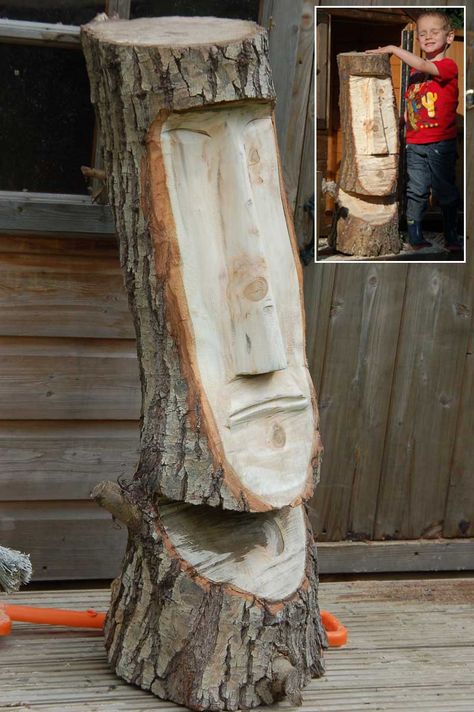 Chainsaw Carving Patterns, Tre Kunst, Easter Island Heads, Wood Log Crafts, Chainsaw Wood Carving, Handmade Wood Crafts, Wood Sculpture Art, Wood Carving Faces, Tiki Statues