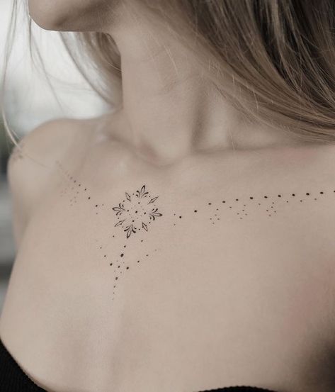 Chest Dot Tattoo, Ethereal Tattoos Chest, Fine Line Collar Bone Tattoo, Chest Ornamental Tattoo, Delicate Chest Tattoo Female, Ornamental Tattoo Chest, Necklace Tattoo Women, Dainty Chest Tattoo Female, Ornamental Chest Tattoo