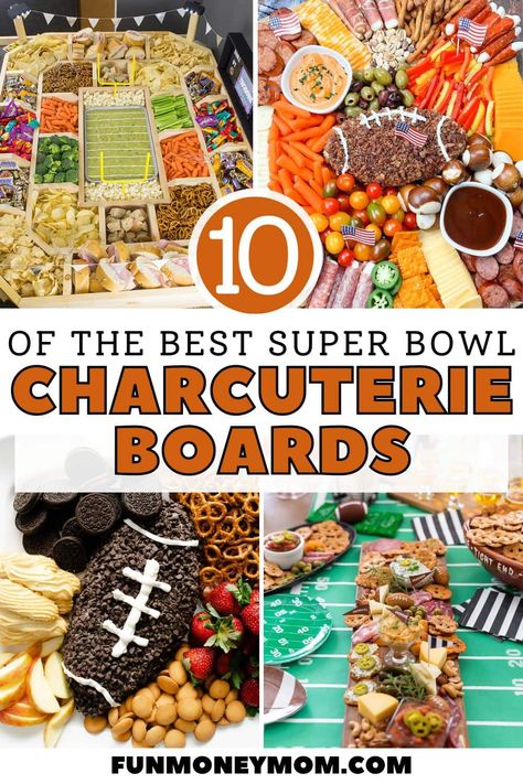 Super Bowl Themed Charcuterie Board, Fun Super Bowl Food, Fun Superbowl Party Food Ideas, Super Bowl Party Food Charcuterie, Ideas For Super Bowl Food, Super Bowl Menu Ideas Dinners, Fun Super Bowl Games, Charcuterie Board Ideas For Football, Super Bowl Themed Party Food