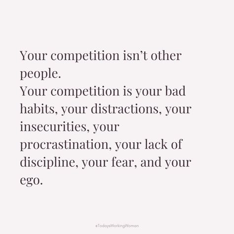 ⁠In a world filled with distractions and self-doubt, the real challenge lies within. It's time to shift the focus from comparing ourselves to others to confronting our own obstacles. By recognizing that our biggest competition is often our bad habits, procrastination, and insecurities, we empower ourselves to rise above and truly thrive. ⁠  ⁠#selflove #motivation #mindset #confidence #successful #womenempowerment #womensupportingwomen Insecure Women, Selflove Motivation, Rise Above, Dream Board, Bad Habits, Women Supporting Women, Women Empowerment, Self Love, Me Quotes