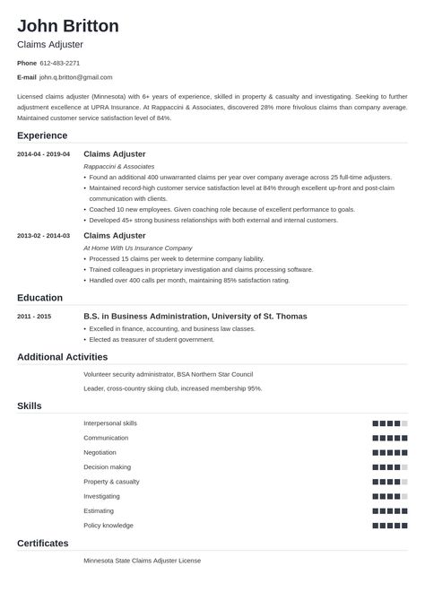 Insurance Claims Adjuster Resume Sample with Skills #resumetemplate #resumedesign #resumeexamples #resumetips #resumeexamplesforjobs #resume #resumelayout #resumewriting #resumeformat #perfectresume #bestresume Claims Adjuster, Mba Finance Fresher Resume, Insurance Adjuster, Freshers Resume Sample, Professional Summary For Resume, Sample Resume Format For Job Application, Illustrator Tutorials Logo, Insurance Claims Adjuster, Claims Adjuster Resume