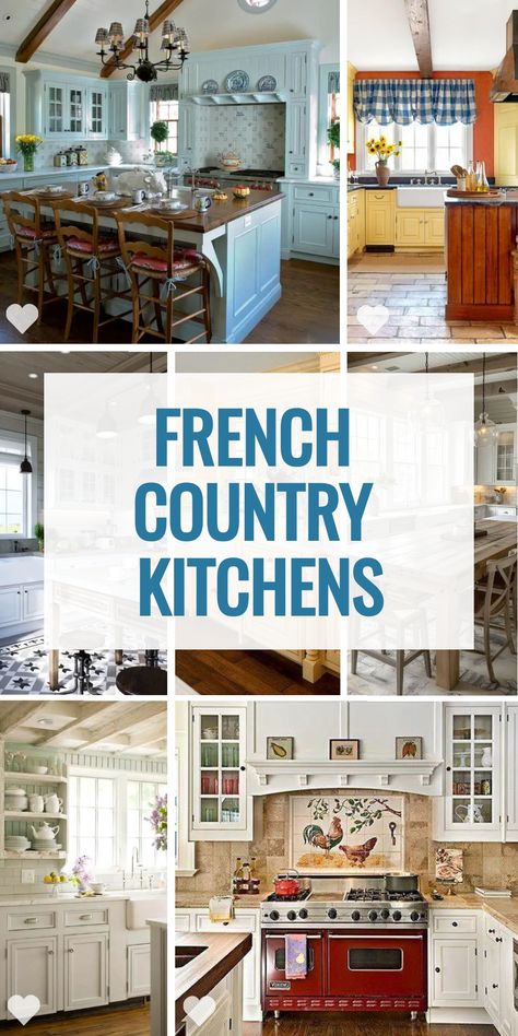 Explore a blend of tradition and innovation with our showcase of 27 French country kitchens. Each design highlights the sophistication of French decor, with a focus on subtle color schemes and detailed cabinet designs. From wall coverings to window treatments, get inspired to craft a kitchen that`s both inviting and stylish. French Country Color Palette, French Country Kitchen Ideas, French Country Kitchen Designs, French Country Colors, French Country Rug, Country Kitchen Ideas, French Country Decorating Kitchen, Styl Shabby Chic, Modern French Country