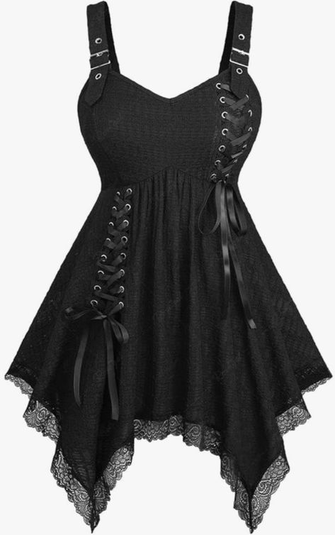 Black Summer Dress with Ribbons Gothic Tank Tops, Black Summer Dress, Lace Handkerchief, Summer Black Dress, Goth Dress, Rose Gal, Gothic Dress, Handkerchief Hem, Goth Fashion