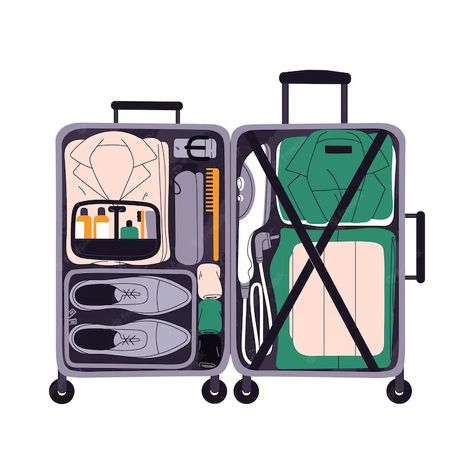 Premium Vector | Open suitcase luggage for business trip ordered folded clothes arranged stuff neat content in baggage travel bag prepared for journey flat graphic vector illustration isolated on white background Packing Illustration, Open Luggage, Open Suitcase Drawing, Travel Bag Illustration, Luggage Illustration, Suitcase Illustration, Trip Illustration, Open Suitcase, Suitcase Essentials