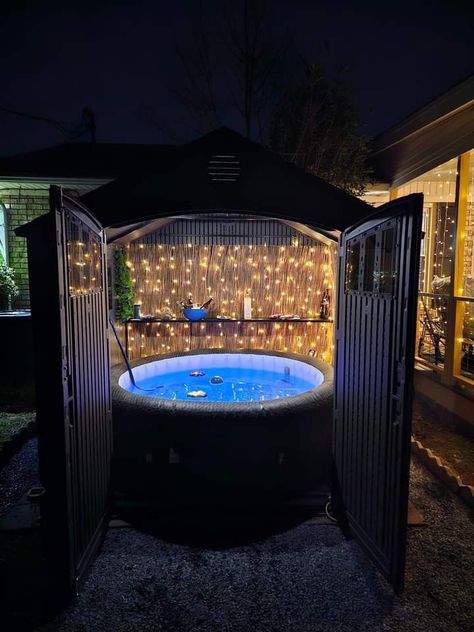 Jacuzzi Backyard Ideas, Hot Tub In A Shed, Cheap Hot Tub Ideas Backyard, Small Backyard Ideas Hot Tub, Hot Tub Shed Ideas Diy, Hot Tub Fairy Lights, Hot Tub Greenhouse Ideas, Hot Tub Garage Ideas, Blowup Hot Tub Ideas Backyards