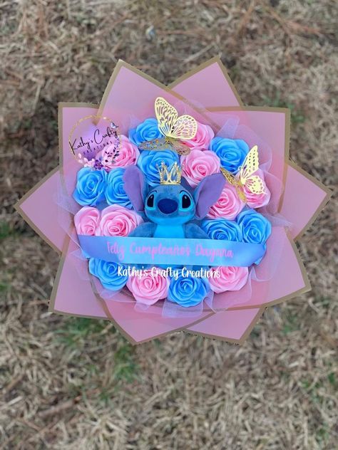 Stitch Flower Bouquet, Ribbon Bouquets, Stitch Bouquet, Forever Flower Bouquets, Ribbon Rose Bouquets, Roses Bouquet Gift, Ribbon Flowers Bouquet, Ribbon Flowers Diy, Birthday Flowers Bouquet