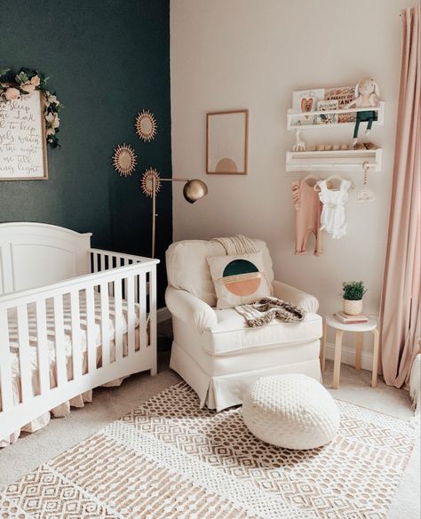 Baby Boho Nursery, Green Nursery Girl, Boho Nursery Girl, Nursery Accent Wall, Nursery Reveal, Baby Nursery Inspiration, Nursery Room Design, Girl Nursery Room, Home Design Diy