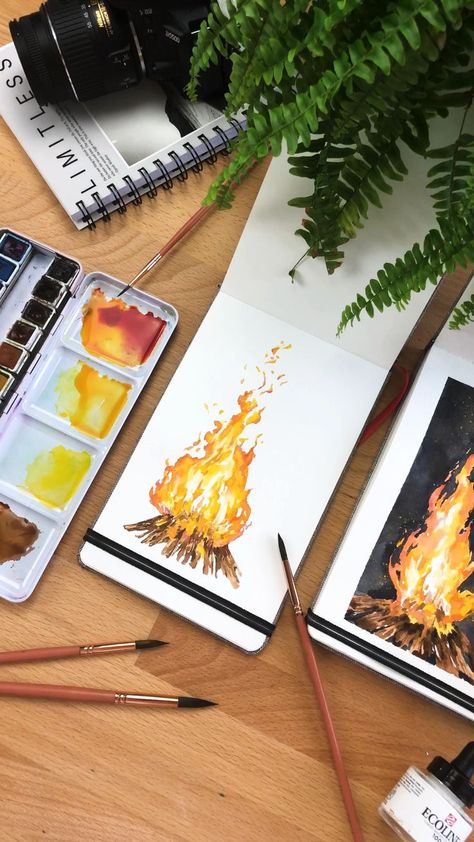 Painting Campfire, Campfire Painting, Art Tutorials Watercolor, Watercolor Paintings Easy, Watercolor Painting Techniques, Art Painting Gallery, Painting Art Lesson, 수채화 그림, Watercolor Art Lessons