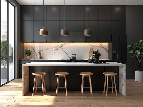 15+ Two Tone Kitchen Cabinets Ideas Infusing Scandinavian Simplicity • 333+ Art Images Scandinavian Kitchen Black Cabinets, Top And Bottom Cabinets Different Colors, Modern Two Tone Kitchen Cabinets, Flat Cabinets Kitchen, Modern Scandinavian Kitchen, Flat Cabinets, Charcoal Kitchen, Columns Decor, Inviting Kitchen