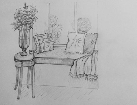 Corner Drawing, Window Sketch, Table Sketch, Sketch Flower, Sketch Simple, Window Architecture, Window Drawing, Sketches Simple, Drawing Inspo