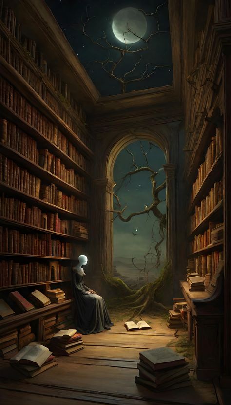 Moonlit library where books flutter open on their own, revealing whispering mouths and blinking eyes within their pages. Eldritch Library, Surreal Library, Horror Library, Acnh Witchy, Spooky Library, Library Drawing, Haunted Library, Devil Quotes, Books Artwork