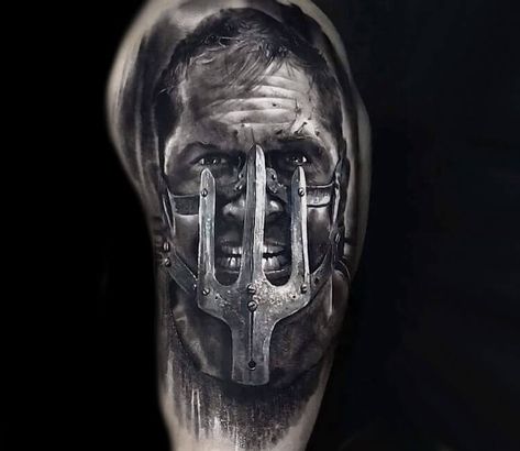 Mad Max Tattoo Ideas, Mad Max Tattoo, Eliot Kohek, Max Tattoo, Barbed Wire Tattoos, Abstract Tattoos, Mad Max Fury, Realistic Tattoo, World Tattoo