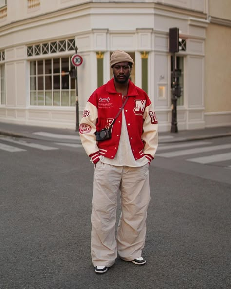 https://www.instagram.com/p/Cc2_s82NLab/?igshid=MDJmNzVkMjY= Cream And Red Outfits Men, Men Red And White Outfit, Khaki And Red Outfit, Red Varsity Jacket Outfit Men, Red Fits Men, Red Jacket Outfit Men, Hbcu Aesthetic, Red Outfit Casual, Cap Outfit Men