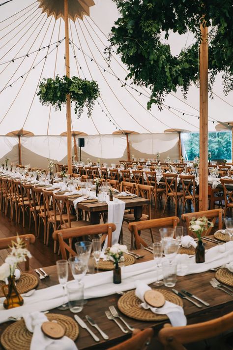 English Farm Wedding, Farm Marquee Wedding, Pine Tables, Marquee Interior, White Table Runners, Small Bud Vases, Wedding Table Scape, Willow Wedding, Farm Wedding Reception