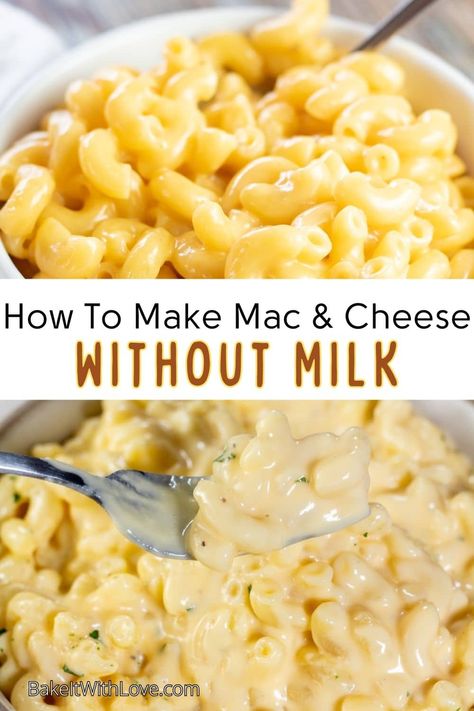 Learn how to make mac and cheese without milk so you can enjoy this indulgent side even if you've run out of milk! These substitutions and tricks are so fantastic that you won't even know it was made without milk! You'll even get an amazing recipe for milk-free macaroni and cheese! BakeItWithLove.com No Milk Recipes, Homemade Mac And Cheese Recipe Without Heavy Cream, No Milk Mac And Cheese, Mac And Cheese Without Milk, Mac N Cheese Without Heavy Cream, Mac And Cheese No Milk, Recipes Without Milk, Evaporated Milk Mac And Cheese, Mac And Cheese Recipe No Milk