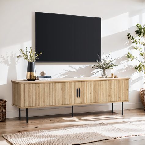 Sliding Door Tv Stand, Mid Century Modern Living Room Decor, Tambour Doors, Mid Century Modern Tv Stand, Modern Tv Cabinet, Tv Stand With Storage, Inspired Aesthetic, Storage Credenza, Nursery Furniture Sets