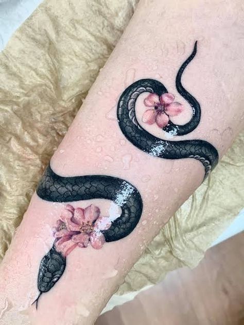 Snake Tattoos For Women Color, Coloured Snake Tattoo, Snake Cherry Blossom Tattoo, Snake Tattoo Feminine, Leg Drawings, Feminine Snake Tattoo, Nature Sleeve, Sternum Tattoos, Tattoos 2024