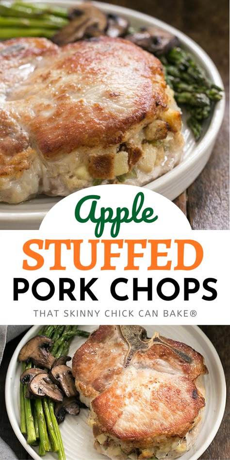 Stuffed Pork Chops Recipe - Cook up these terrific chops filled with a tasty stuffing of bread, apples and thyme! They make a spectacular entree! Stuffed Pork Chops With Apples, Stuffed Boneless Pork Chops Oven Baked, How To Cook Stuffed Pork Chops, Apple Stuffed Pork Chops, Veal Dishes, Baked Stuffed Pork Chops, Thyme Sauce, Apple Stuffing, Pork Dinners