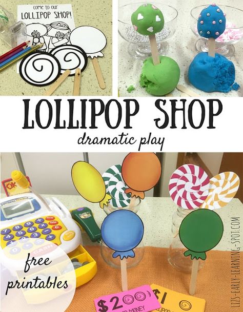 Dramatic Play: Create a Lollipop Shop #ClassroomFreebies Dramatic Play Themes, Dramatic Play Preschool, Dramatic Play Area, Dramatic Play Centers, Classroom Freebies, Candy Theme, Candy Land Theme, Play Centre, Preschool Theme