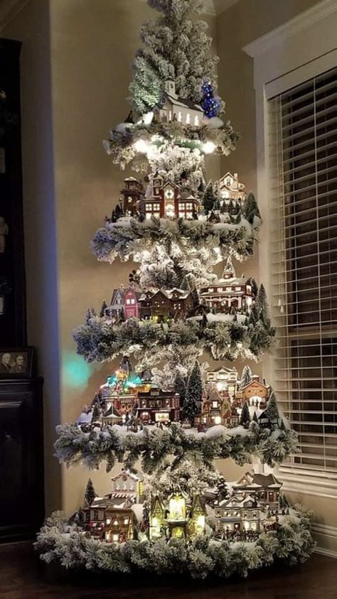 Tree Village Display, Cute Christmas Trees, Ladder Christmas Tree, Nativity Ideas, Christmas Tree Village Display, Diy Christmas Village Displays, Tree Village, Christmas Tree Inspo, Christmas Tree Village