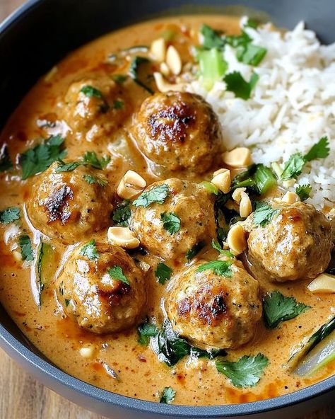 Savor Station | Thai Chicken Meatballs in Peanut Sauce | Facebook Thai Chicken Meatballs With Peanut Sauce, Asian Beef Meatballs, Thai Chicken Meatballs, Asian Meatballs, Chicken Meatball, Chicken Meatball Recipes, Asian Beef, Beef Meatballs, Thai Chicken