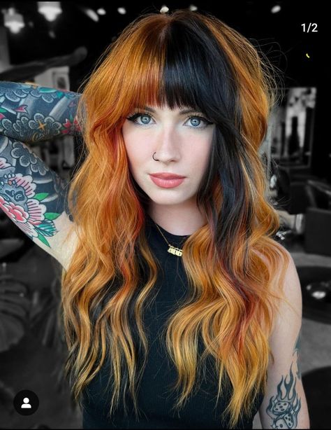 Split Dyed Hair, Diy Hair Color, Fall Hair Color Trends, Split Hair, Summer Hair Color, Fall Hair Color, Orange Hair, Haircuts With Bangs, Hair Inspo Color