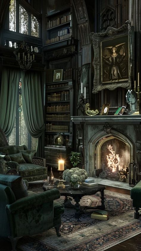 Malfoy Manor Interior, Riddle Manor, Malfoy Manor Aesthetic, Manor Living Room, Gothic Victorian House Interior, Fantasy Living Room, The Malfoy Family, Slytherin Bedroom, Slytherin Room