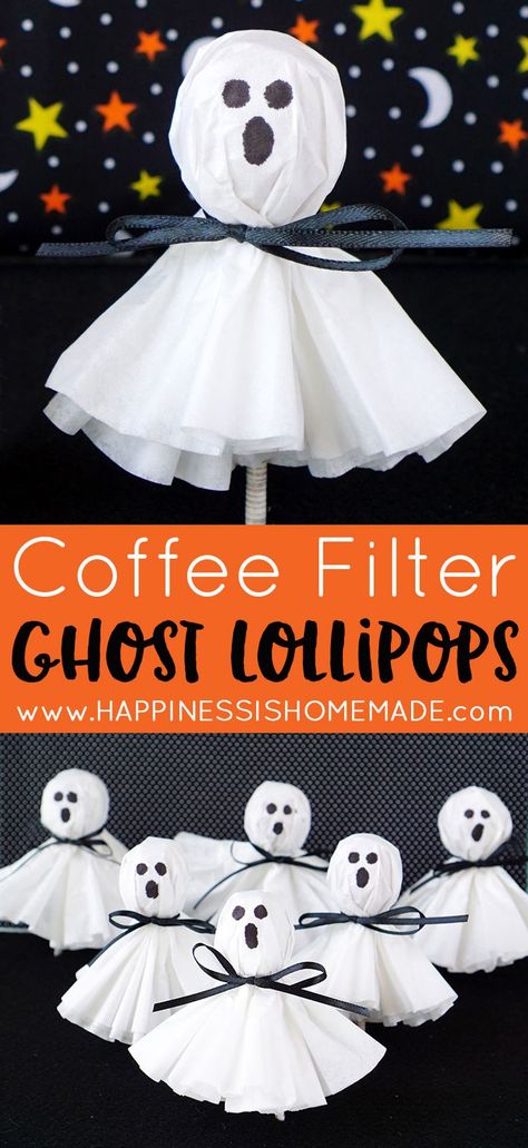 These coffee filter ghost lollipops are a cute and easy twist on classic kleenex… Halloween Classroom Treats, Ghost Lollipops, 21 Party, Diy Halloween Party, Fun Halloween Treats, School Halloween Party, Halloween Fest, Halloween Treats For Kids, Halloween Memes